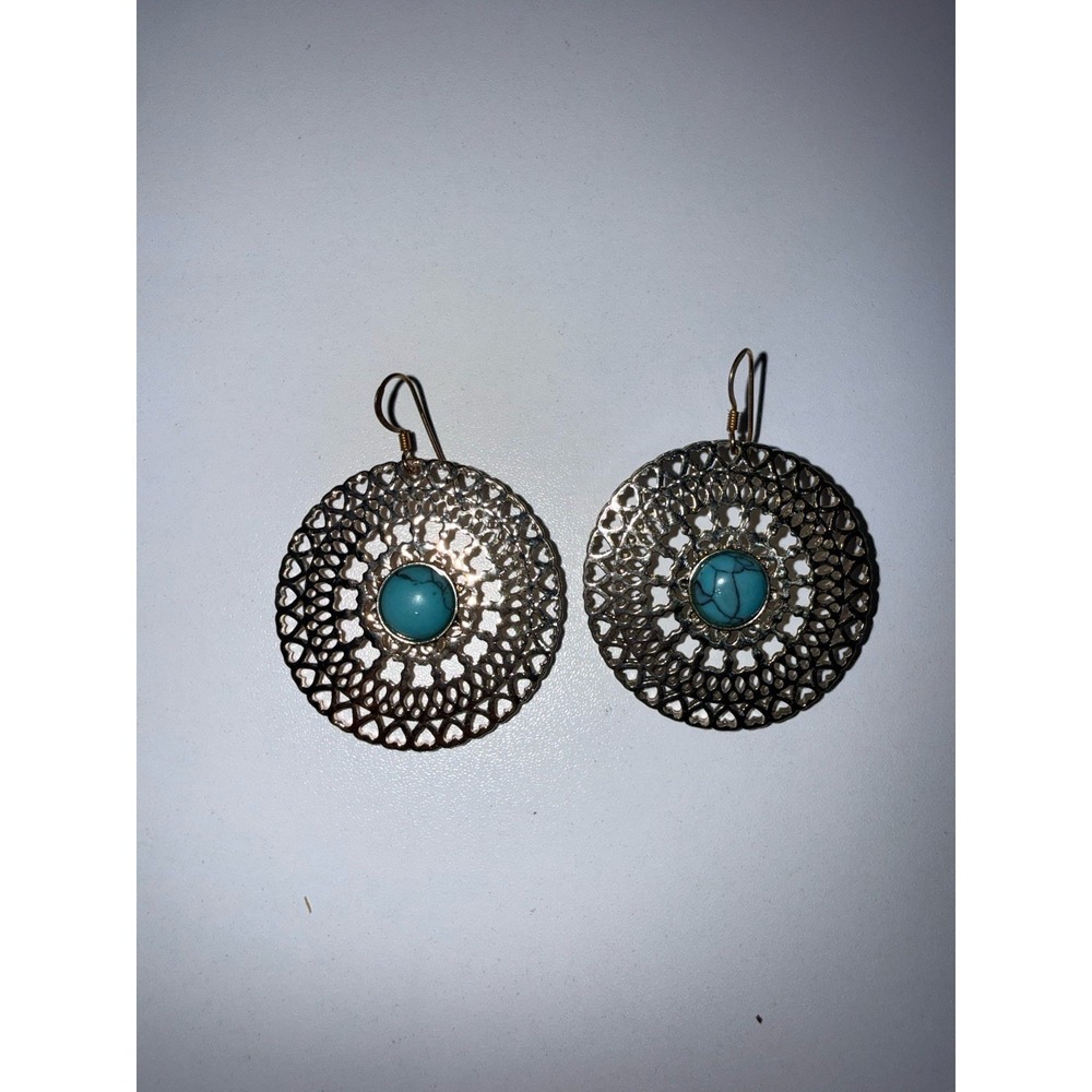 Silver Tone Earrings‎ Turquoise Stone Bohemian Boho Western Hearts Medallion